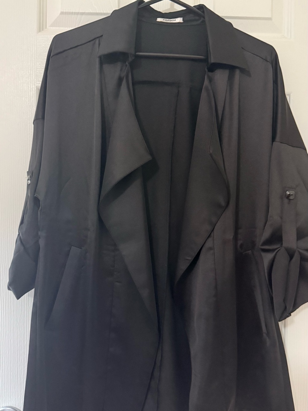 zeagoo Black Satin Open-Front Drape Blazer